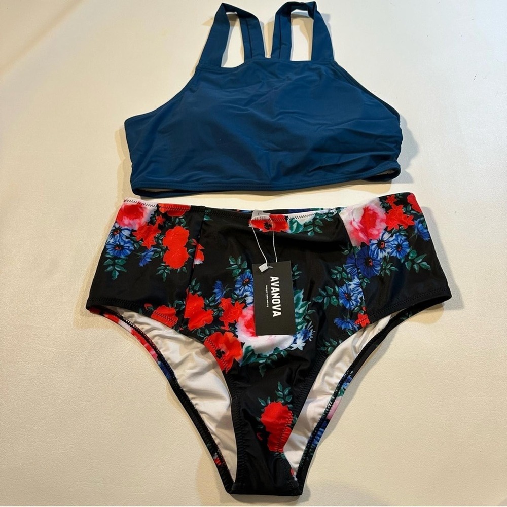 NWT‎ Avanova Size L Solid Sporty Top & Floral High Waist Bottom Bikini